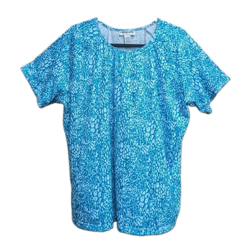 Cathy Daniels Women's Blouse XL Sequins Stretchy Liquid Knit Top Short Sleeves